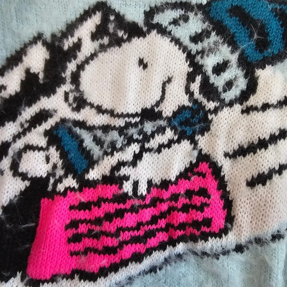 Justice Girls Snoopy Peanuts Sledding Fuzzy Knit Sweater Light Blue XS‎ 5/6